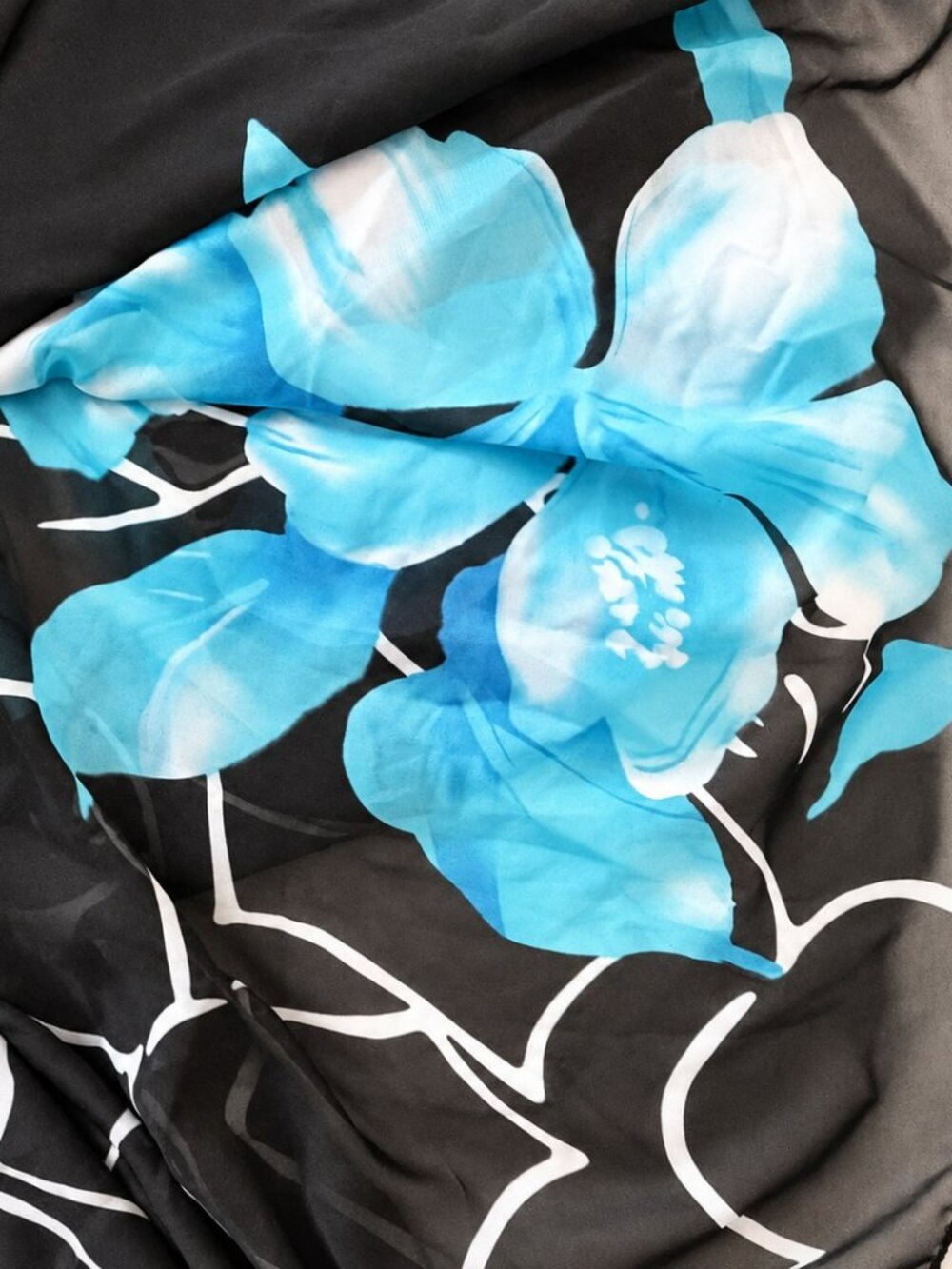 Sheer Aqua Floral Lightweight Wrap Scarf Black Blue